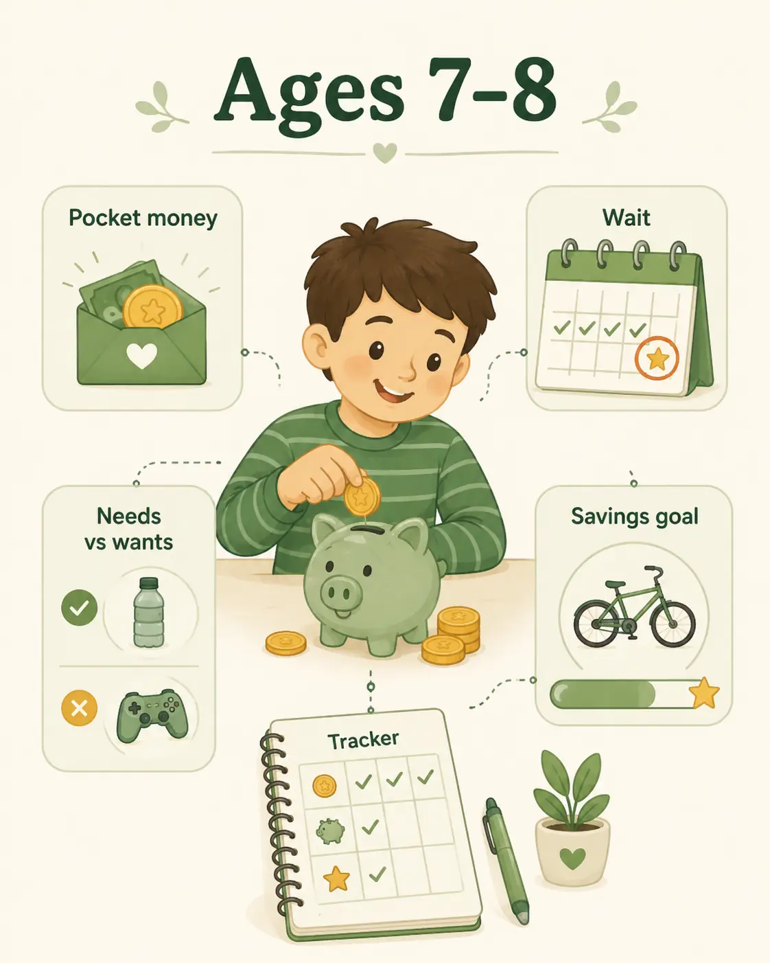 The money lessons that fit ages 7 to 8: pocket money arriving in an envelope, needs versus wants, waiting a few days before buying, a first savings goal with a progress bar, and a simple tracker for what the child spends and saves.