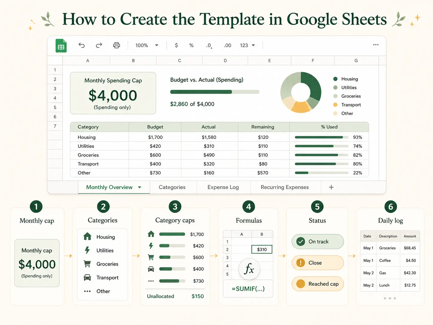 A step-by-step view of creating a household budget template in Google Sheets: setting a monthly spending cap, choosing categories, adding SUMIF formulas for actual spending and a calm status column.