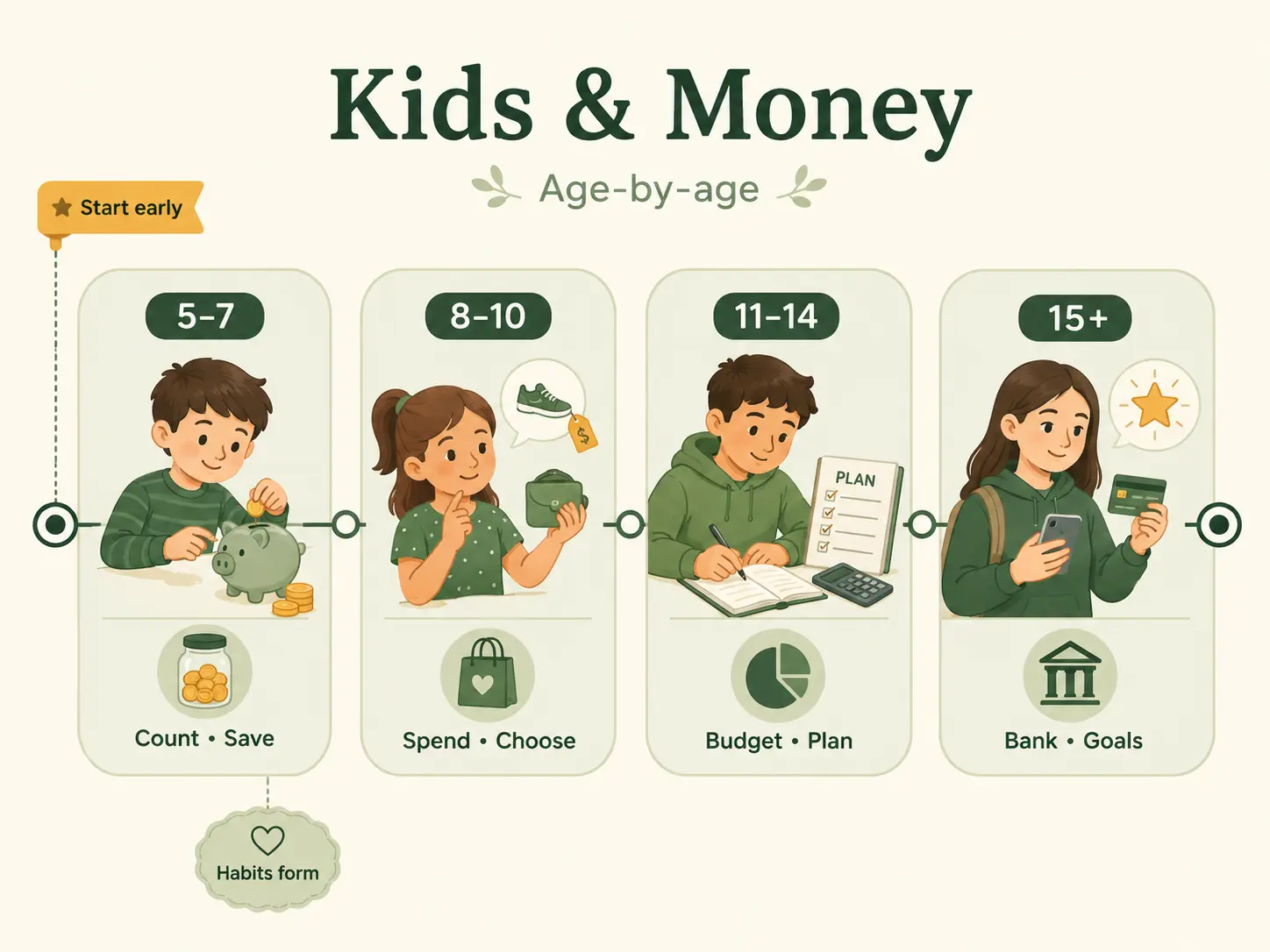 An age-by-age kids and money chart: counting and saving coins in the early years, choosing what to spend on, budgeting and planning with a written plan, and finally banking and longer-term savings goals as a teenager.