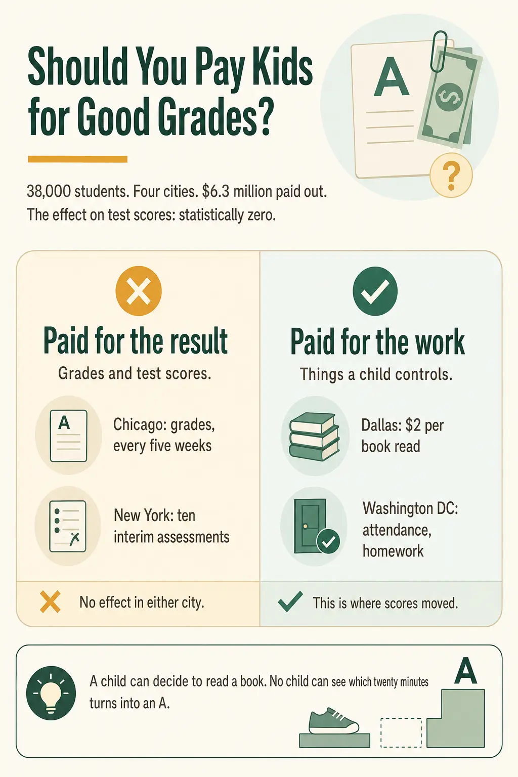 What the largest experiments on paying children for school found: rewards tied to the result — grades in Chicago and interim assessment scores in New York — had no effect in either city, while rewards tied to work a child controls, $2 per book read in Dallas and attendance and homework in Washington DC, is where scores moved. A child can decide to read a book, but no child can see which twenty minutes turns into an A.