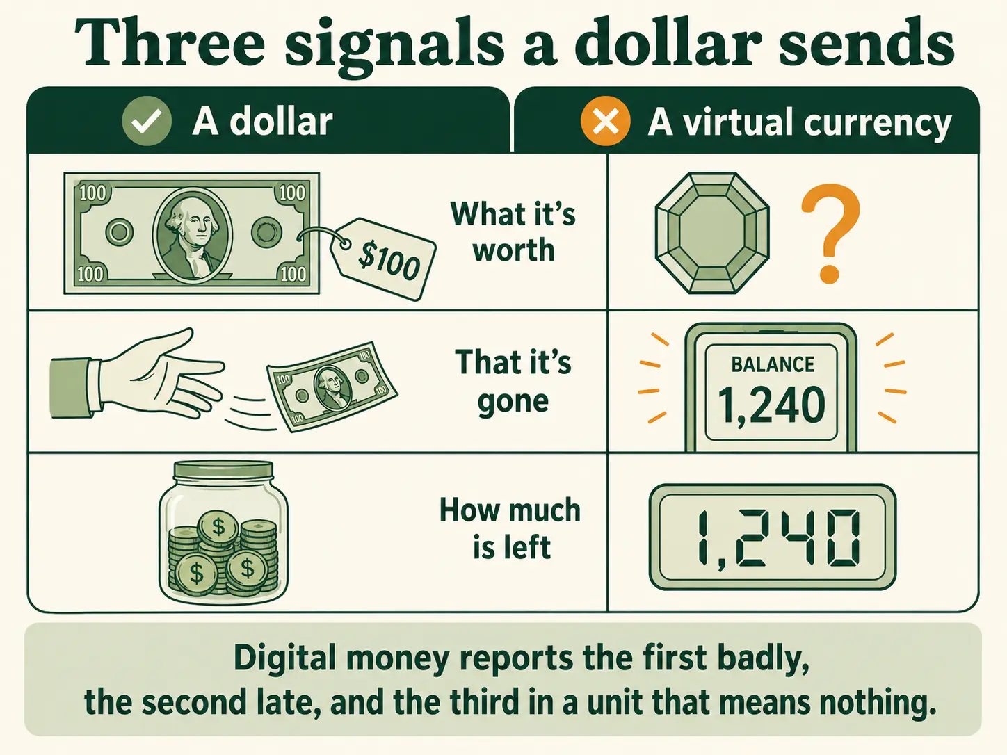 The three signals a dollar sends and a virtual currency does not. What it is worth: a banknote carries a price tag, a gem carries a question mark. That it is gone: cash leaves the hand, while an on-screen balance simply sits there reading 1,240. How much is left: a jar shows the coins remaining, while a counter reads 1,240 in a unit that means nothing outside the app. Digital money reports the first badly, the second late, and the third in a unit that means nothing.