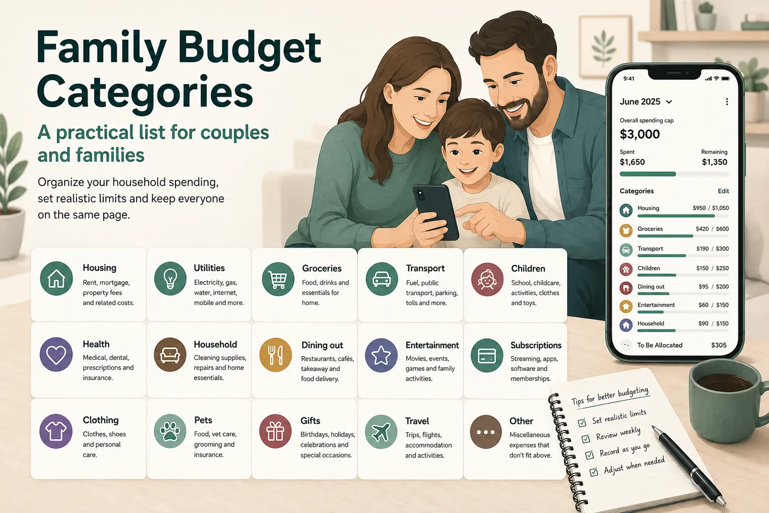 Family budget categories — Housing, Utilities, Groceries, Transport, Children and more — shown as icon cards next to the CapKin app tracking spend against a £3,000 monthly cap.